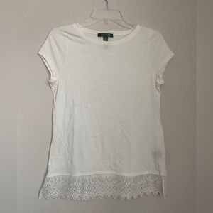 Ralph Lauren white scoop neck shirt with lace detailing on bottom size M
